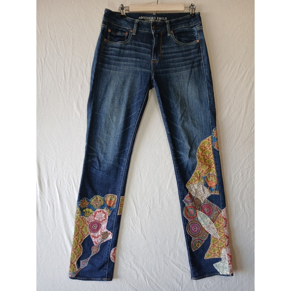American Eagle Patchwork Denim Jeans Boho Straight Leg Mid To Low Rise Size 8